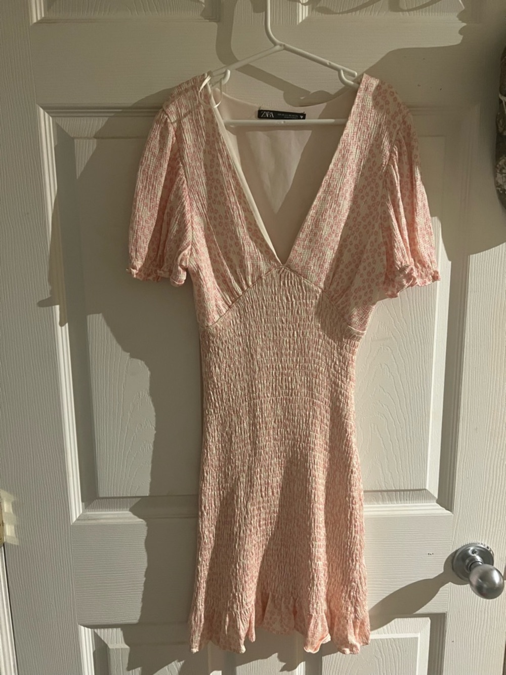 Zara Blush Pink Floral V-Neck Smocked Mini Dress